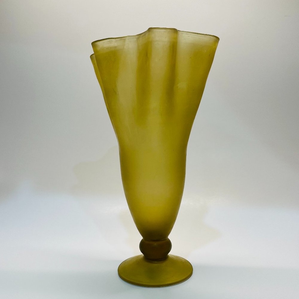Art Nouveau Vintage Hand-pulled, Hand-blown Yellow Brown Frosted Ruffle Vase